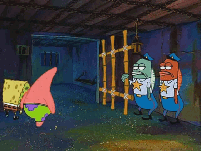 a cartoon of spongebob and patrick in a jail
