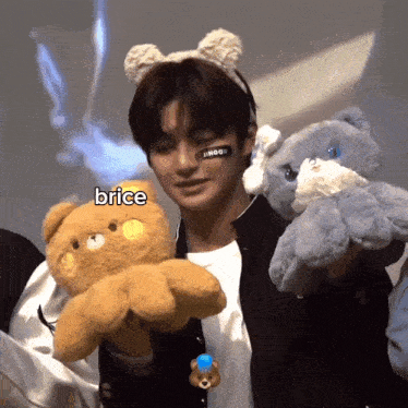 a young man holding two stuffed animals with the word brice written on his face