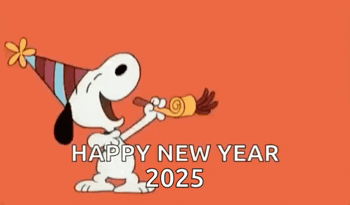 snoopy is wearing a party hat and blowing a party horn to wish a happy new year .
