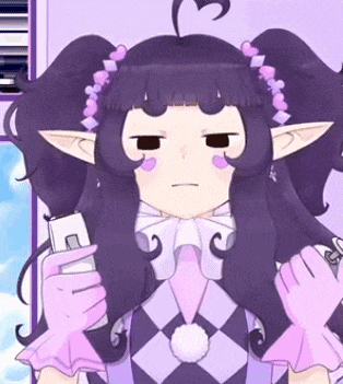 a cartoon girl with purple hair is holding a cell phone .