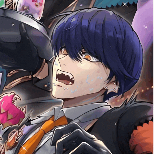 a drawing of a man with blue hair wearing an orange tie