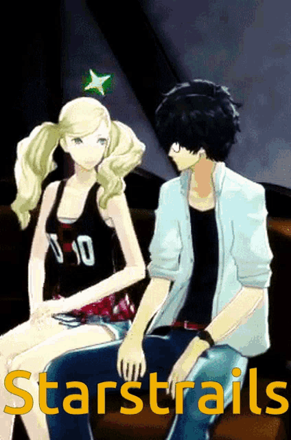 a man and a woman are sitting next to each other with the words starstrails written on the bottom
