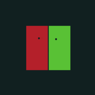 a red and a green square with a black dot in the middle