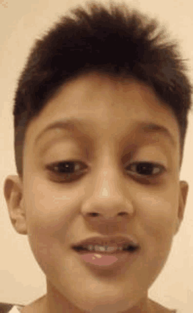 a close up of a young boy 's face with a slight smile on his face .