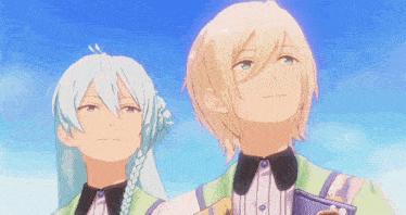 a couple of anime characters standing next to each other with a blue sky in the background
