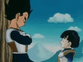 a couple of cartoon characters standing next to each other with their arms crossed .