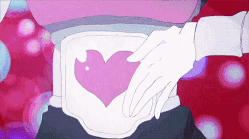 a cartoon character is holding a pink heart on his belt .