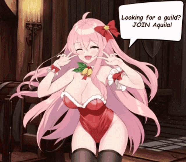 a girl with long pink hair is wearing a christmas outfit and talking about joining a guild .