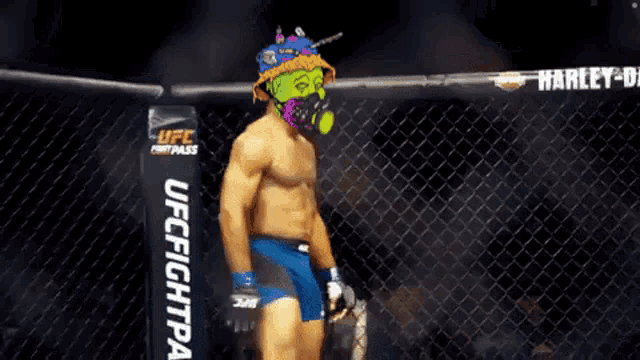 a man wearing a gas mask stands in front of a ufc sign