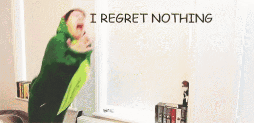 a man in a green parrot costume is standing in front of a window with the words `` i regret nothing '' .