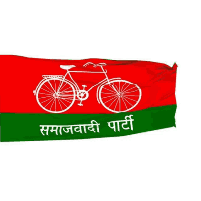 a red , green and white flag with a white bicycle on it .