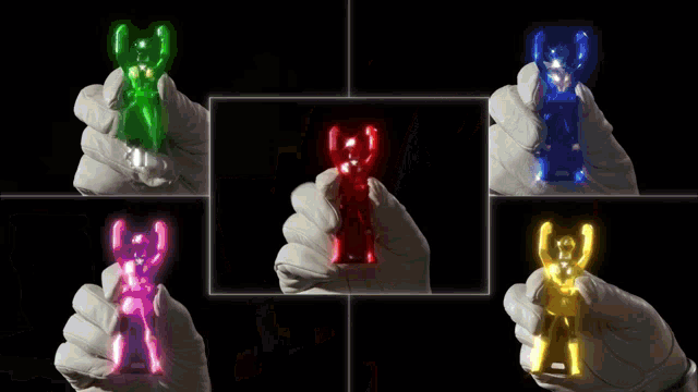 a collage of four pictures of a person holding a light bulb in their hand