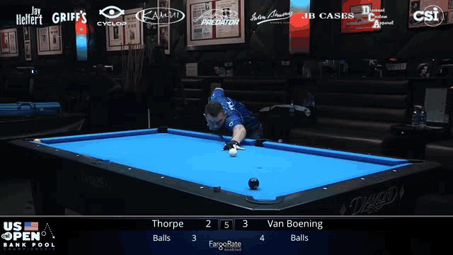 a pool table with the us open bank pool championship on the screen