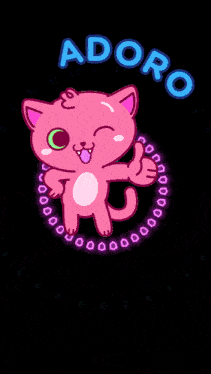 adoro is written in blue on a black background with a pink cat