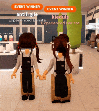 two girls in overalls are holding hands in a video game