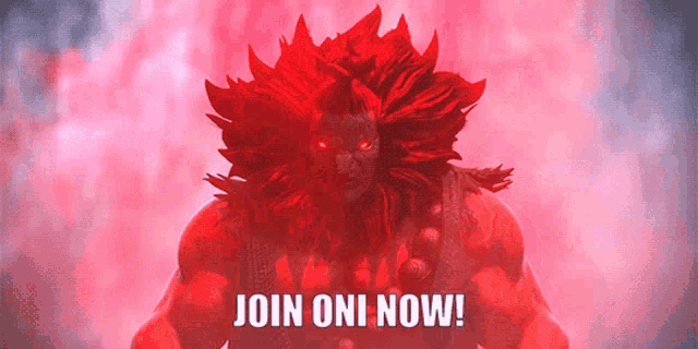 a video game character with red hair and the words join oni now on the bottom