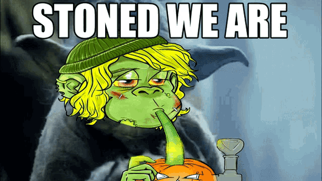 a cartoon of a monster smoking a pumpkin with the words stoned we are written above it