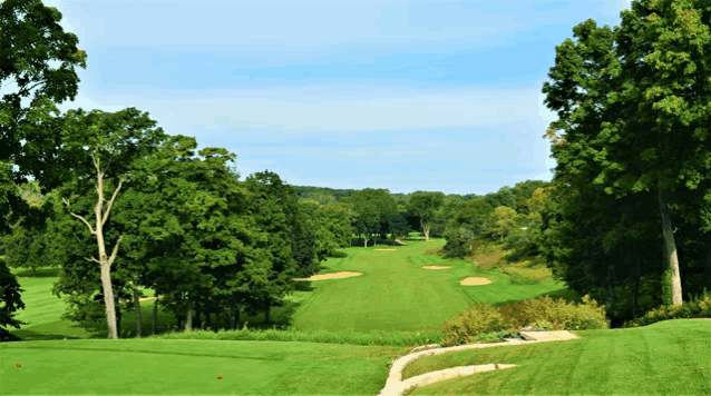 a golf course surrounded by trees and grass with a blue sky in the background