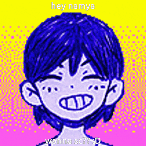 a pixel art of a boy with blue hair and the words hey namya wanna sc
