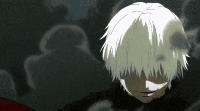 a close up of a person 's face with white hair and a black background .