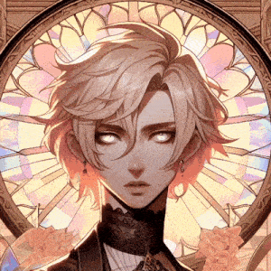 a drawing of a man with a stained glass window behind him