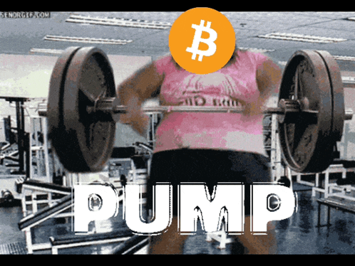a woman is lifting a barbell with a bitcoin symbol on her head and the word pump below her