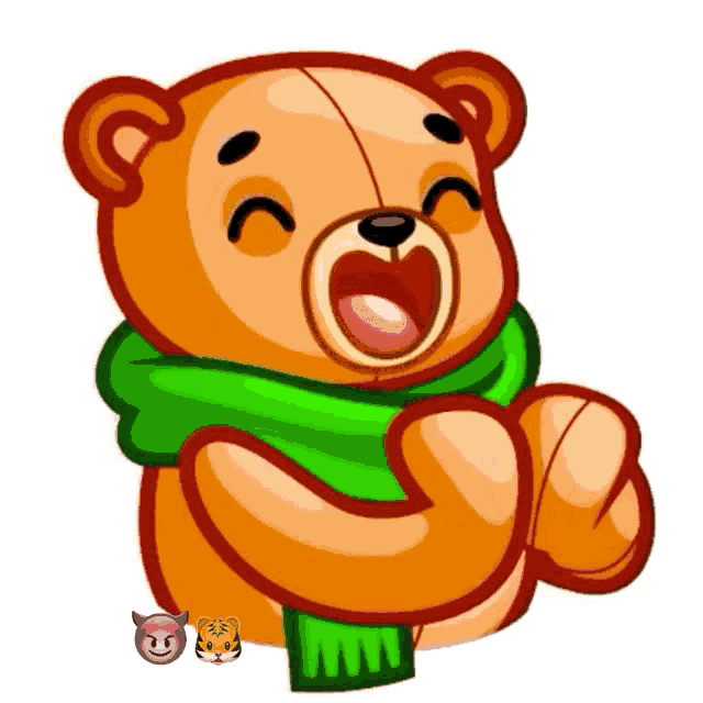 a cartoon teddy bear wearing a green scarf and a purple devil and a yellow tiger
