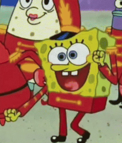 a close up of a cartoon character named spongebob in a red outfit .