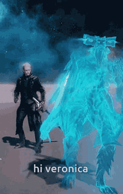 a man with a sword standing next to a blue monster that says hi veronica on it