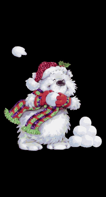 a polar bear wearing a santa hat and scarf is holding snowballs