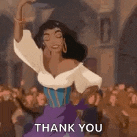 esmeralda from the hunchback of notre dame is dancing in front of a crowd with her arms in the air .