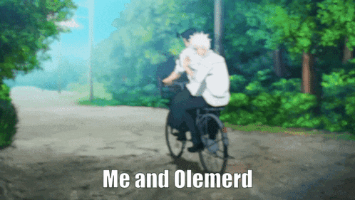 a man in a wheelchair is riding a bicycle with the words me and olemerd below him