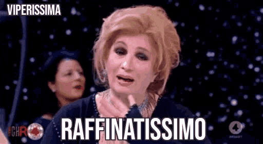 a woman in a wig says raffinatissimo in front of a starry sky .