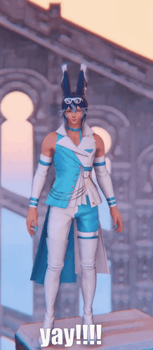 a man in a blue and white outfit is standing in front of a building with the words yay !!! above him