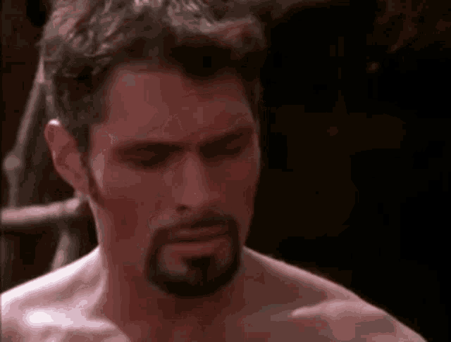 a shirtless man with a beard and mustache is standing in a dark room .