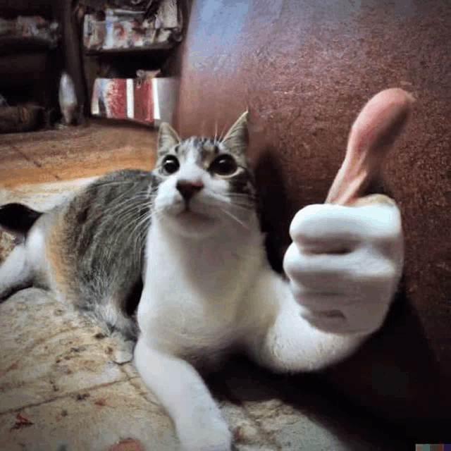 a cat is giving a thumbs up sign while laying on the floor