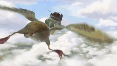 a bird with a hat on its head is flying through the clouds