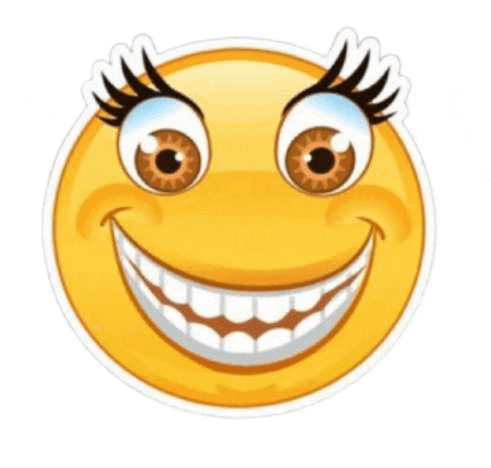 a cartoon smiley face with long eyelashes and a big smile on a white background .