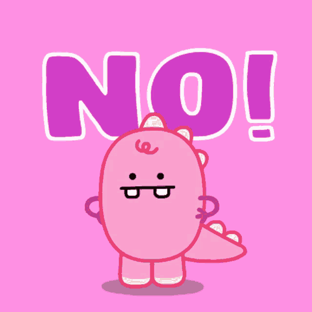 a pink cartoon character with the word no behind him