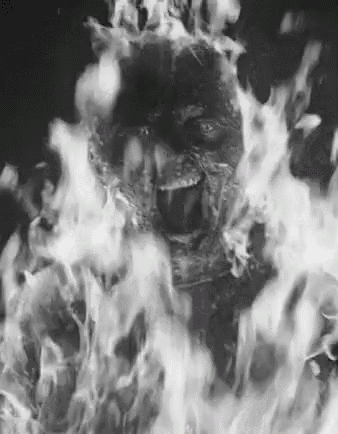 a black and white photo of a burning man 's face surrounded by flames .
