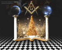 a masonic christmas scene with a christmas tree and compasses