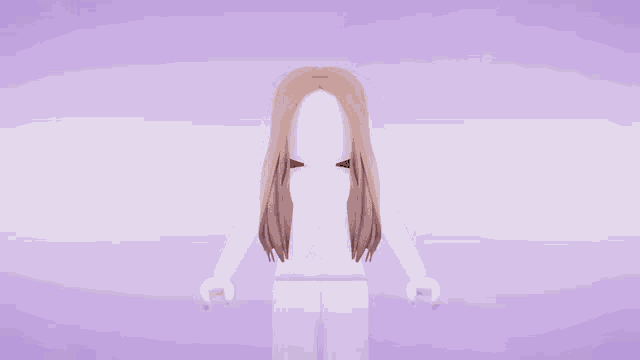 a girl with long brown hair is wearing a white shirt and white pants