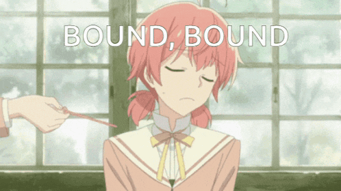 a girl with pink hair is being tied up with a rope and the words bound bound are above her head