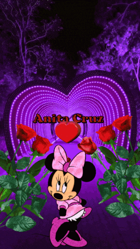 a picture of minnie mouse with roses and a heart with the name anita cruz on it