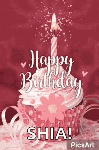 a pink cupcake with a candle on top of it and the words `` happy birthday shia '' written on it .