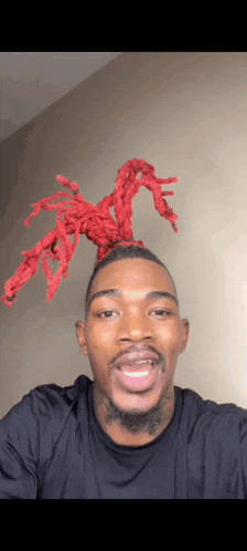 a man with red dreadlocks on his head looks at the camera