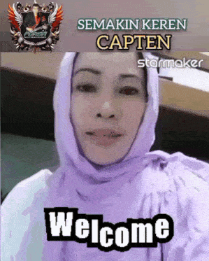 a woman wearing a purple hijab with the words welcome behind her