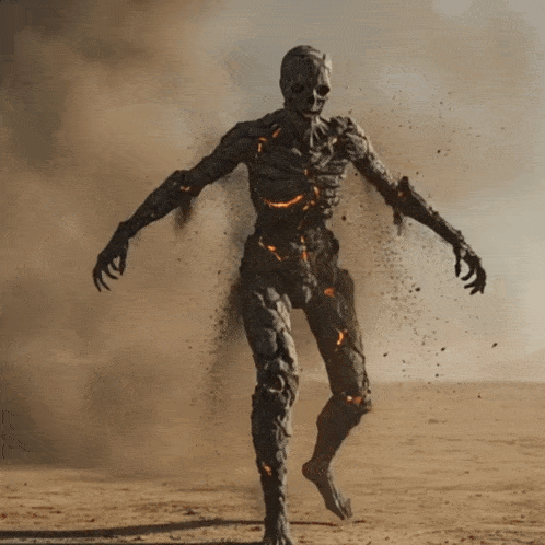 a statue of a skeleton with flames coming out of its body