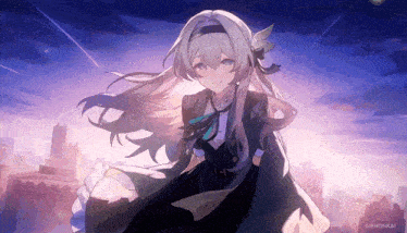 a girl in a black dress is standing in front of a city skyline