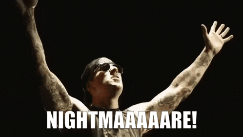 a man wearing sunglasses and a bandana is screaming with the words nightmaaare written on the bottom